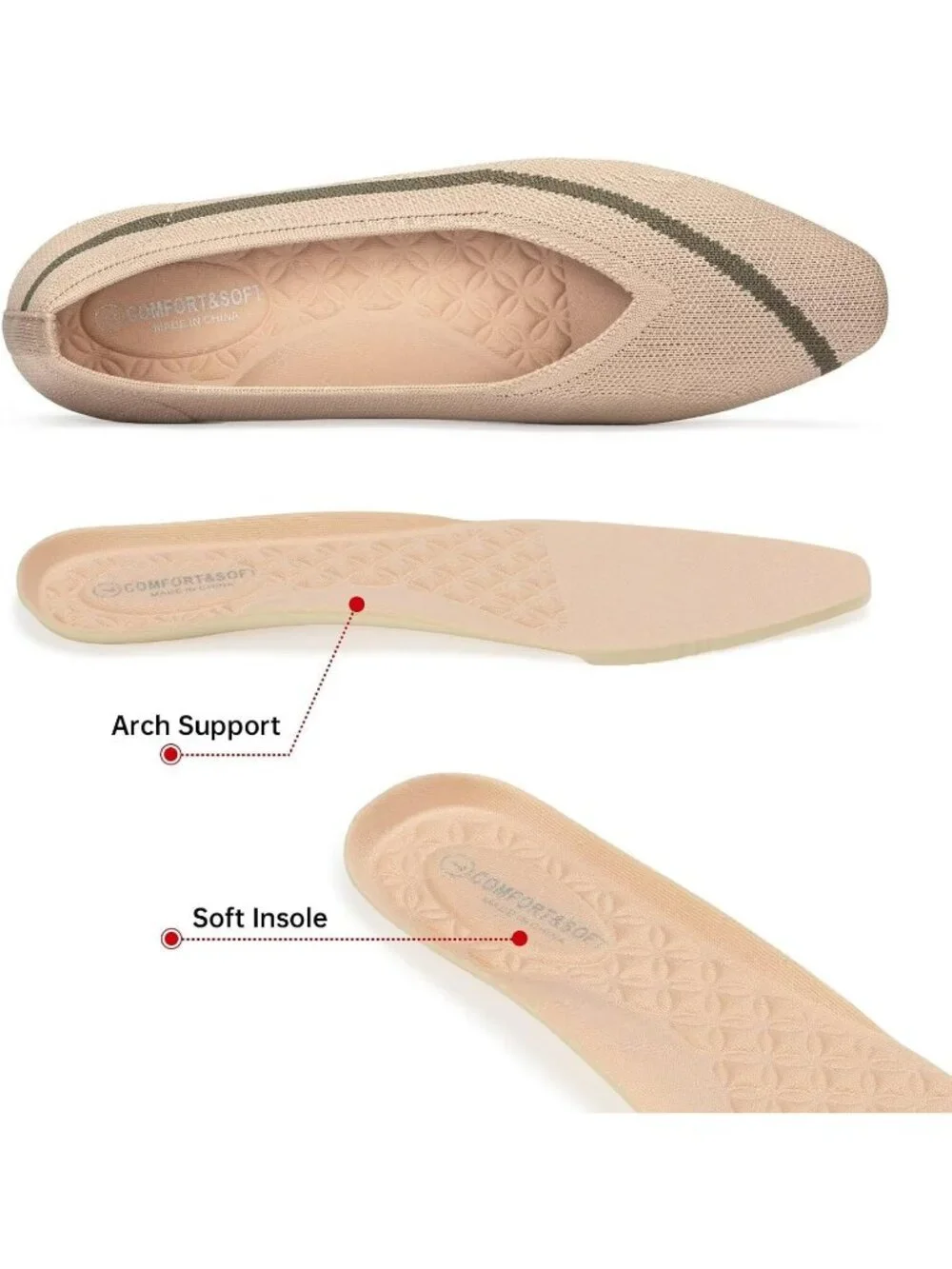 Frank Mully Women's Camel Rubber Knitted Square Toe Comfortable Slip On Flats